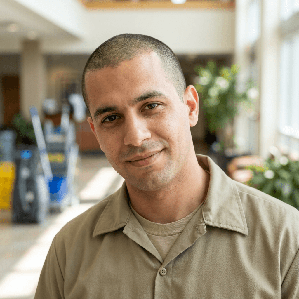 Male office manager in his early 40s, White, professional approachable demeanor in an office