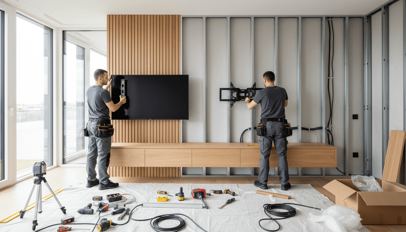 Technician mounting a flat screen TV on a wall in a modern living room