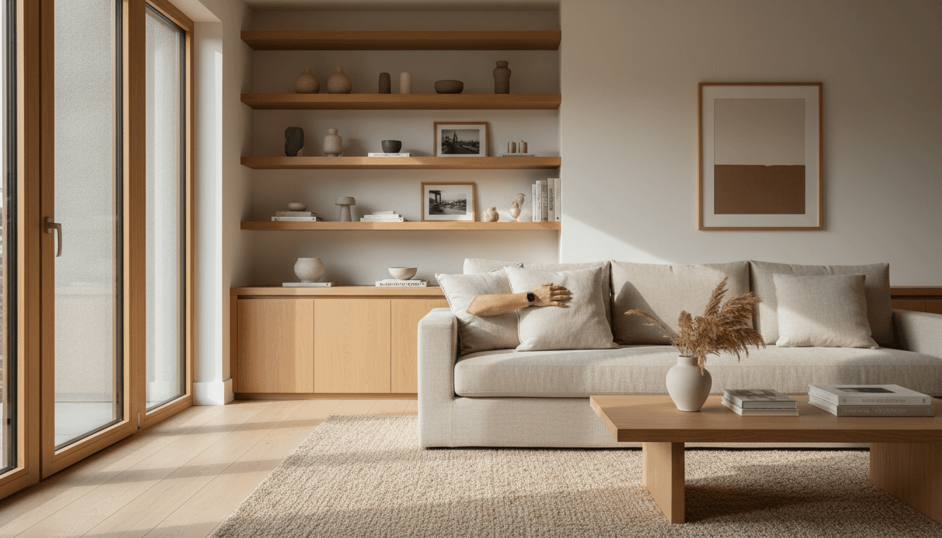 Warm afternoon light in a modest Midwest ranch living room: beige carpet, floral sofa, oak trim, and a technician mounting a large flat-screen TV on a painted drywall above a brick fireplace, no high-rise windows, small-town American home interior